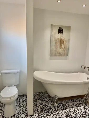 a bathroom with a toilet and a bathtub