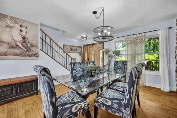 a view of a dining room with furniture window and wooden floor