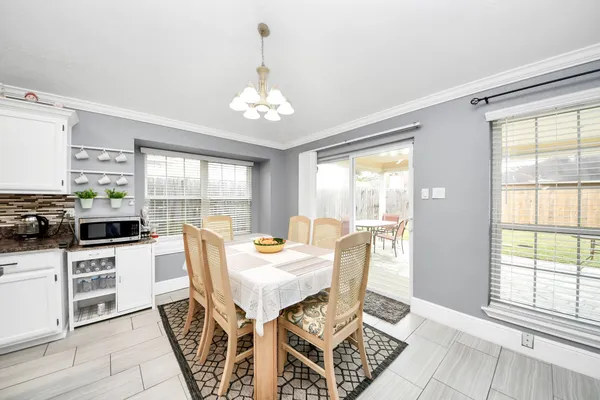 a view of a dining room with furniture window and outside view