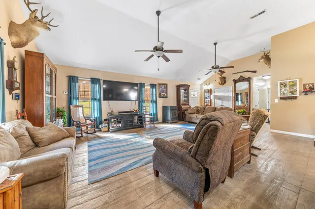 a view of a dining room and livingroom with furniture a rug a fireplace and a chandelier