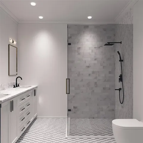 a bathroom with a granite countertop sink a toilet and shower