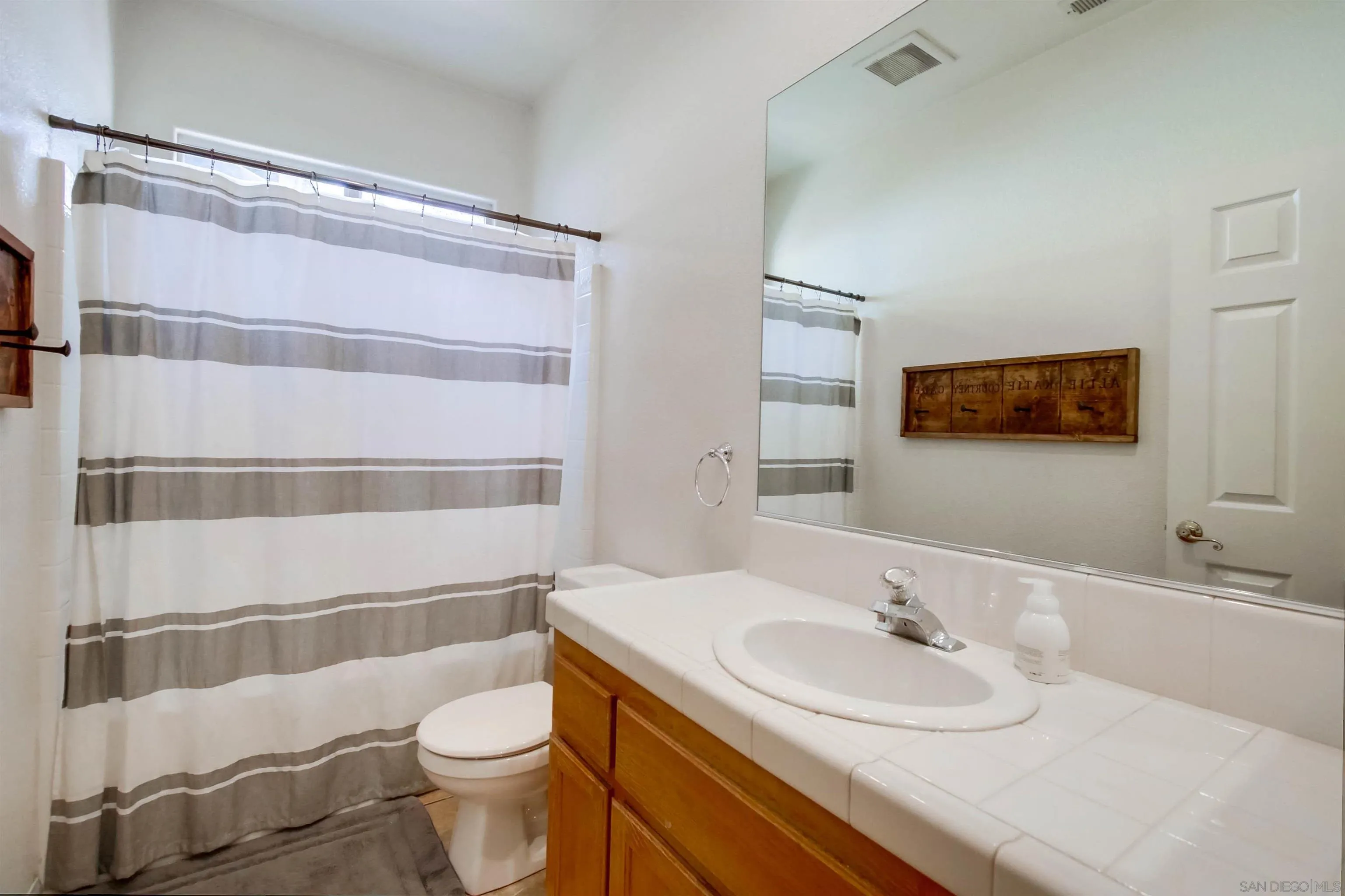 16304 Dartolo Road Ramona, CA 92065 - Photo 28 of 64 a bathroom with a sink a toilet a mirror and shower curtain