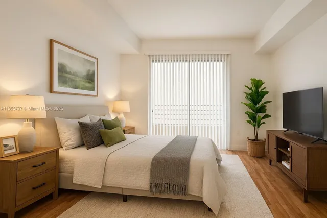 a bedroom with a bed and a flat screen tv