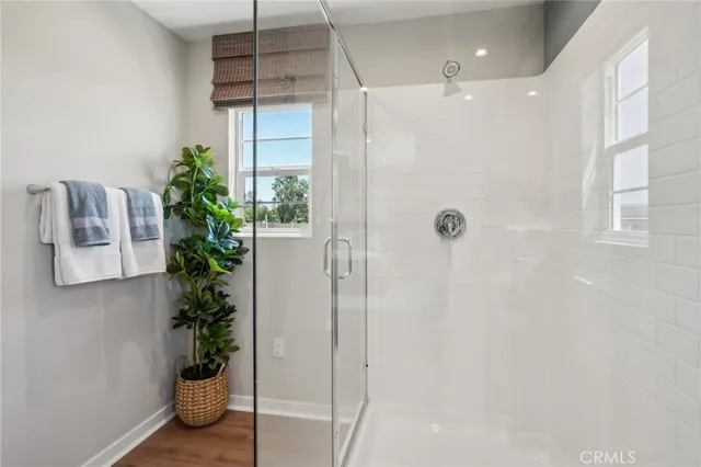 a bathroom with a potted plant