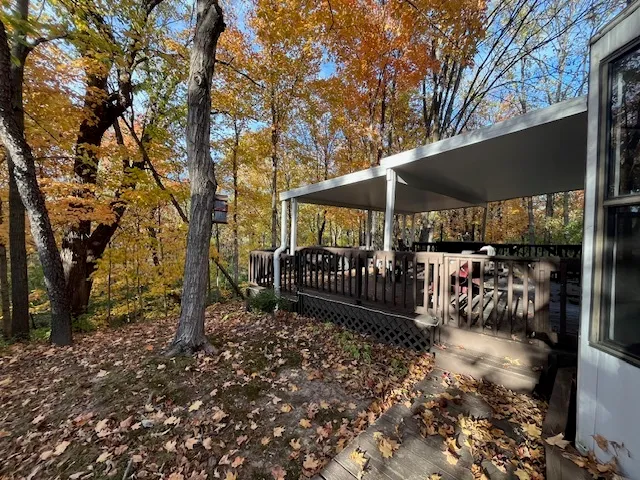 a view of a porch with a tree in front of it