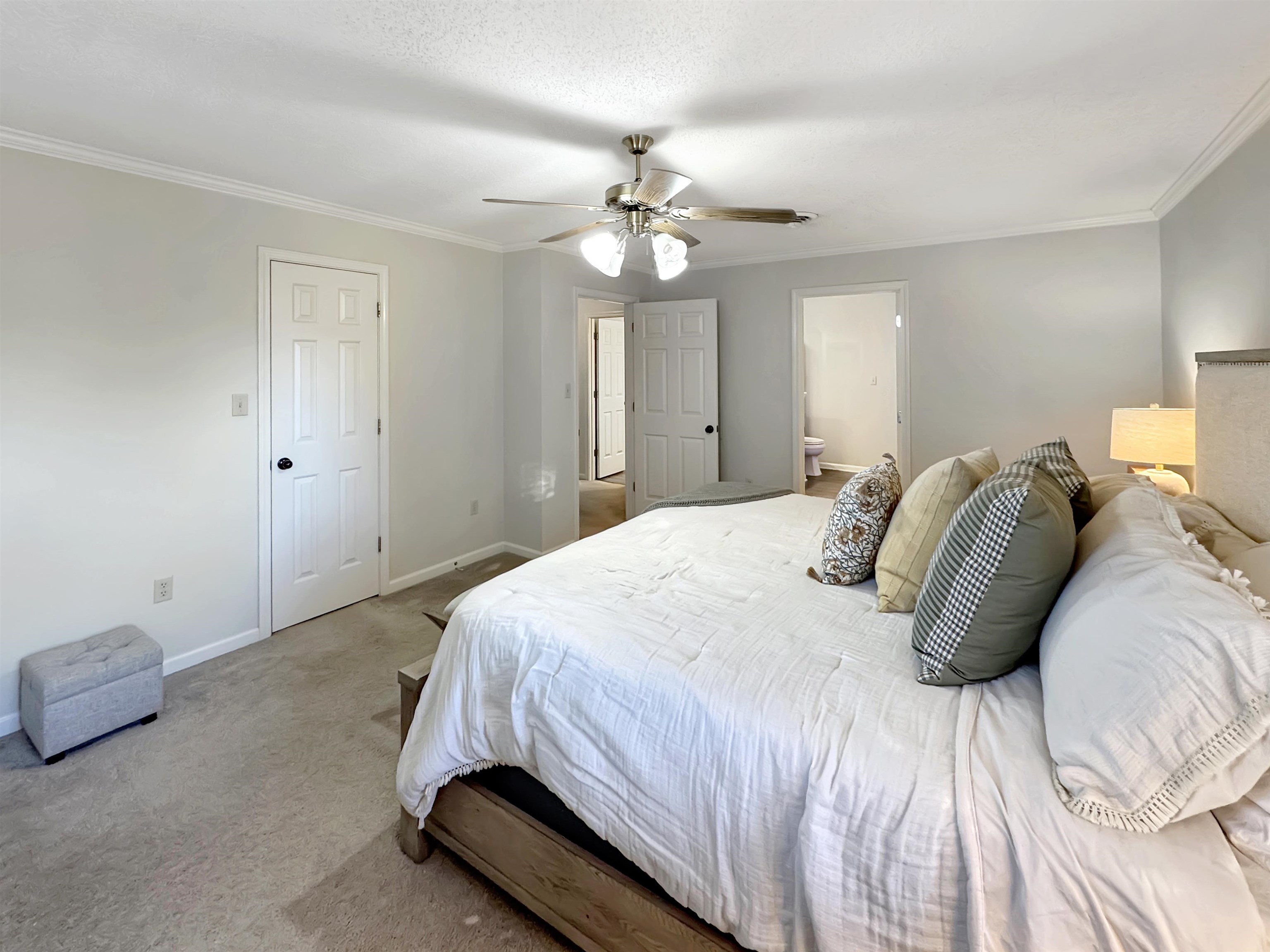 340 Scarlett's Way Collierville, TN 38017 - Photo 23 of 40 Carpeted bedroom featuring crown molding, a ceiling fan, and ensuite bathroom