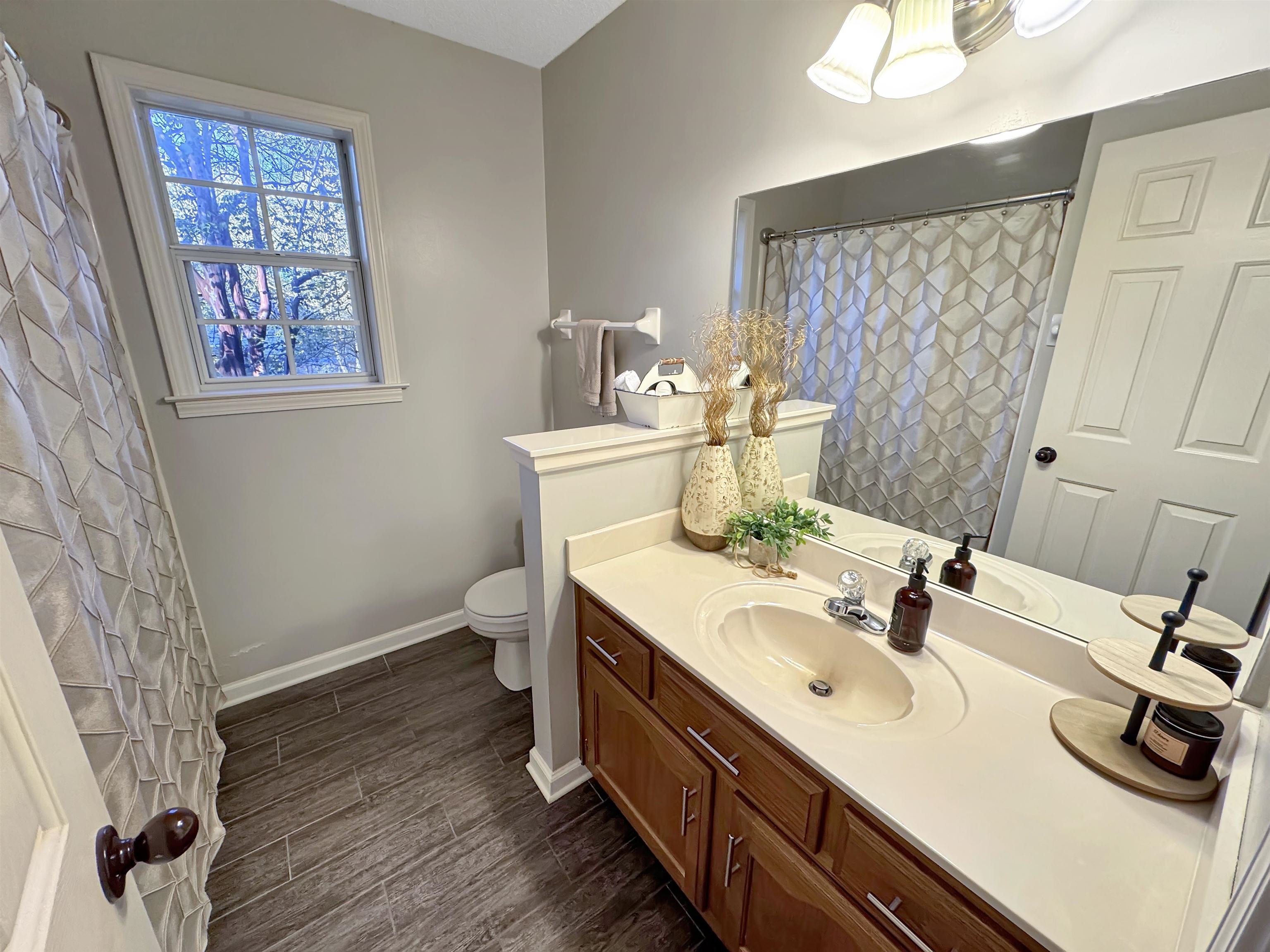 340 Scarlett's Way Collierville, TN 38017 - Photo 34 of 40 Full bathroom with wood finish floors, vanity, and a shower with curtain