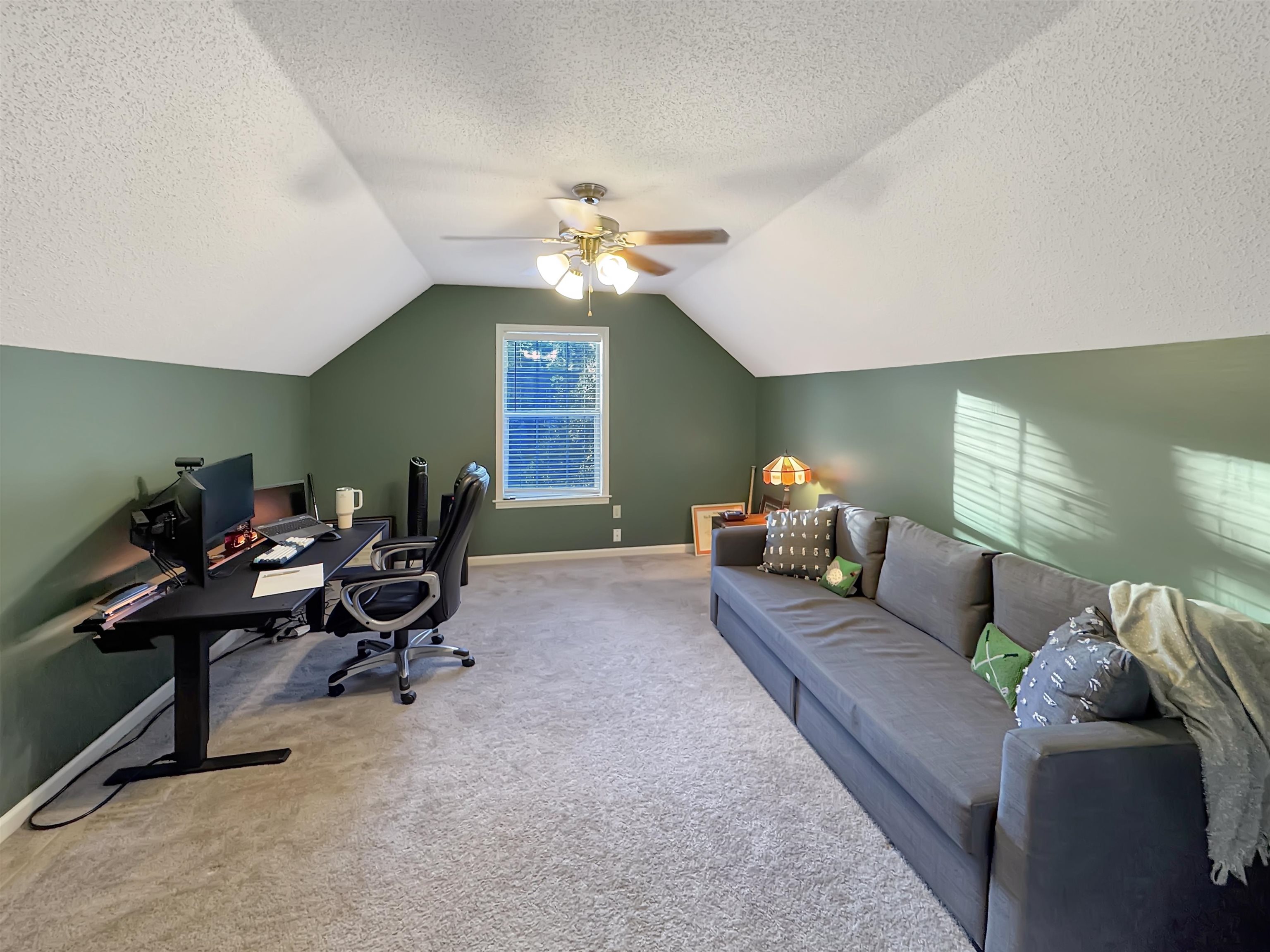 340 Scarlett's Way Collierville, TN 38017 - Photo 36 of 40 Home office featuring vaulted ceiling, carpet, a textured ceiling, and a ceiling fan
