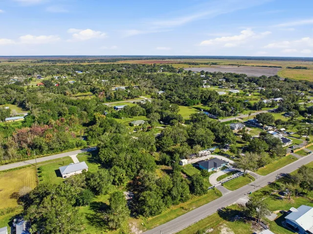an aerial view of a residential houses with outdoor space and trees