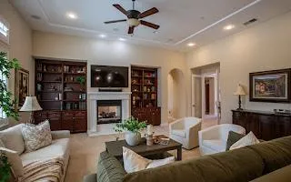 a living room with furniture and a fireplace