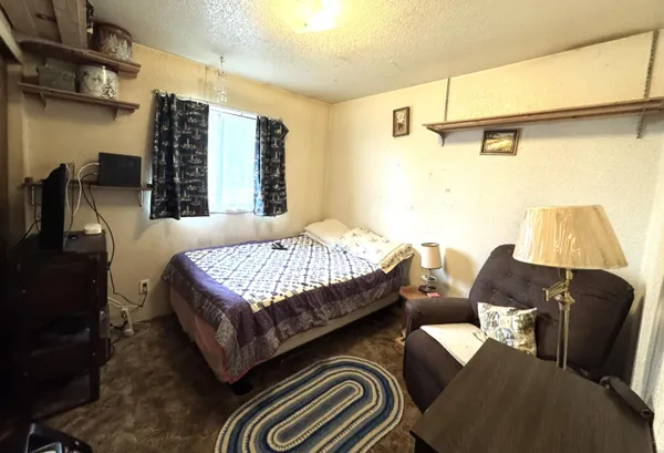 a bedroom with a bed and a couch