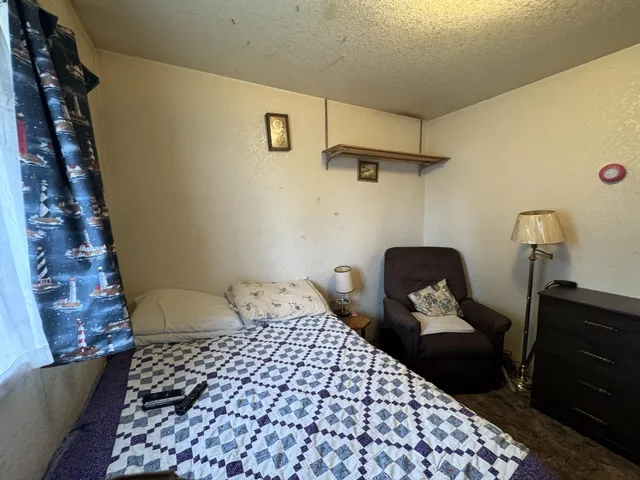 a bedroom with a bed and a dresser