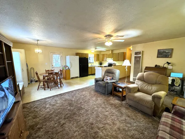 a living room with lots of furniture and kitchen view