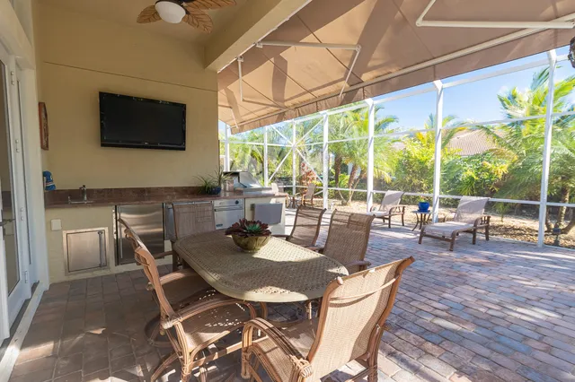 a view of a swimming pool with a sitting space