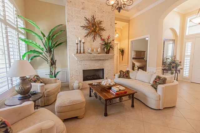 a living room with furniture a fireplace and a potted plant