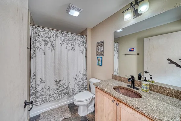 a bathroom with a granite countertop sink a toilet and shower