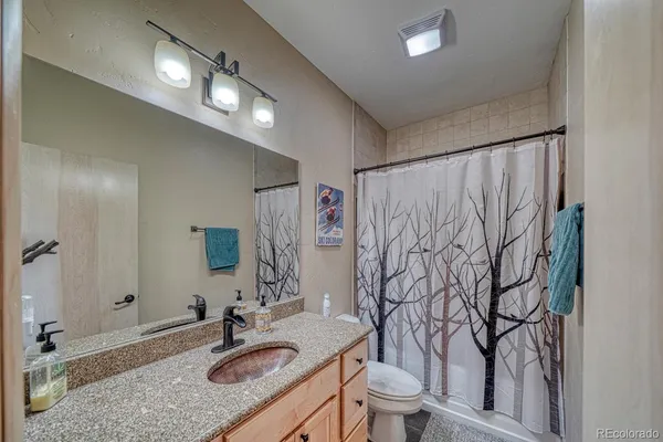 a bathroom with a granite countertop sink toilet and a mirror