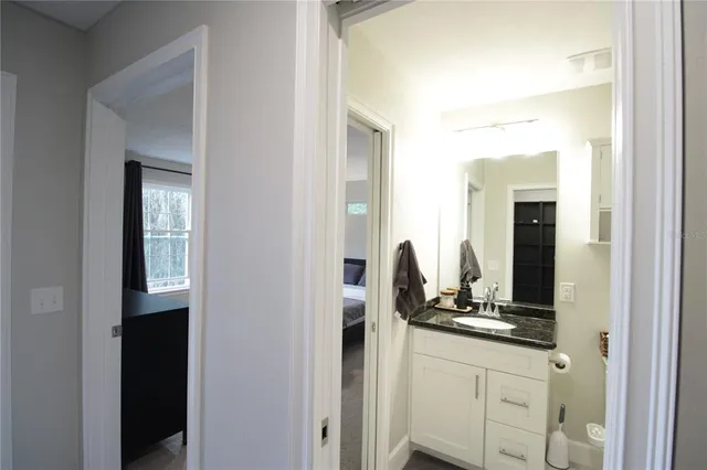 a bathroom with a sink and a mirror