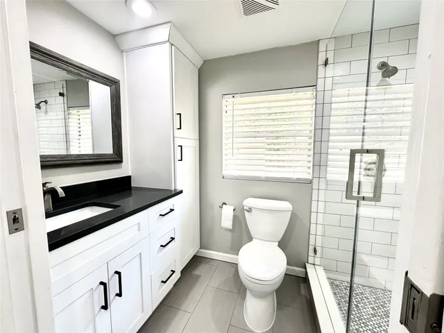 a bathroom with a sink a toilet and a shower