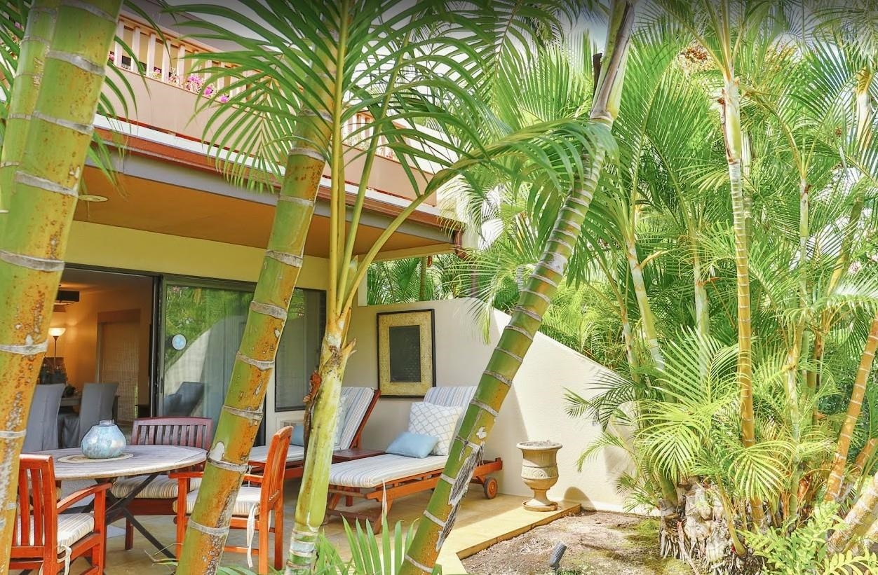 a view of patio with a table and chairs and potted plants
