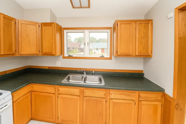 a kitchen with a stove sink and cabinets