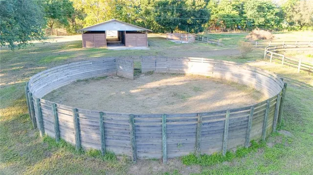a porch with wooden floor