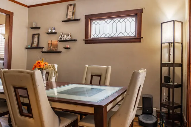 a view of a dining room with furniture