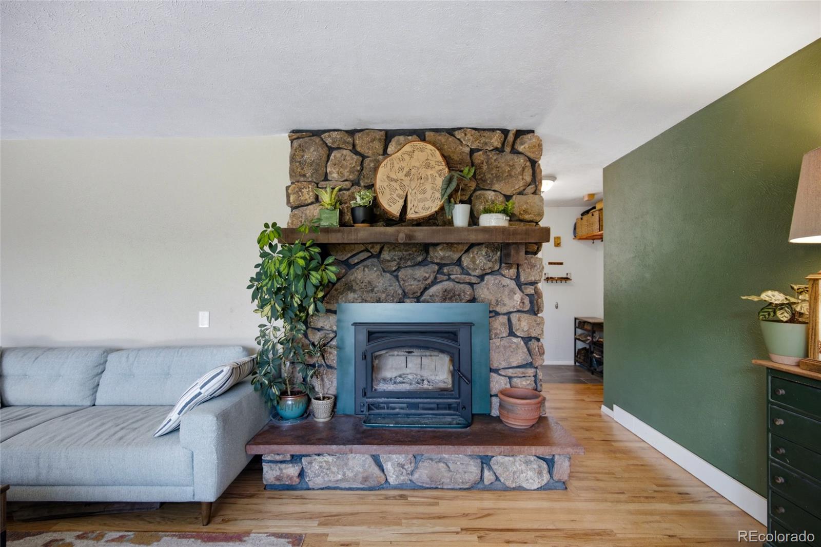 31280 Florence Road Conifer, CO 80433 - Photo 6 of 48 a living room with furniture and a fireplace