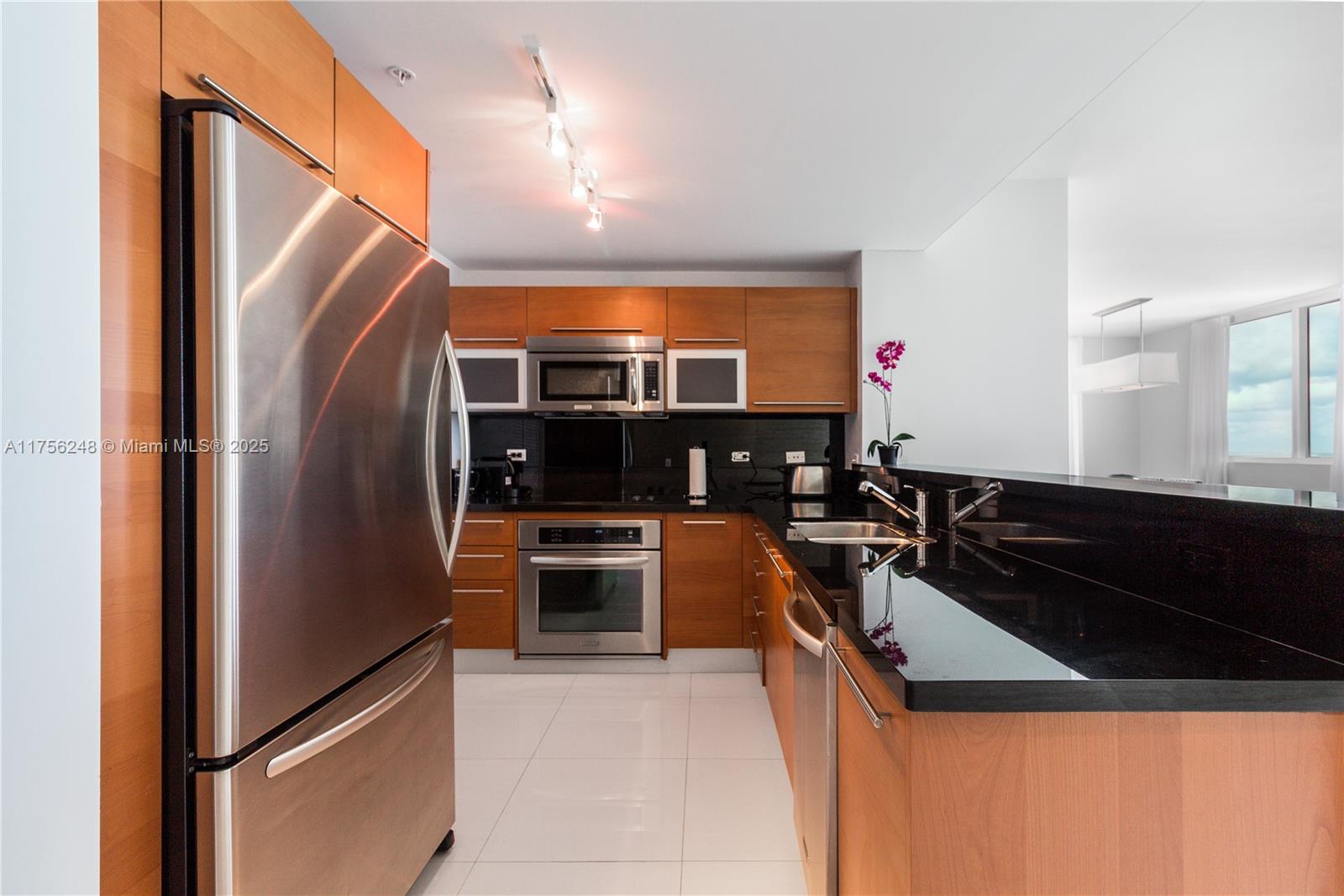 253 Northeast 2nd Street, Unit 3702 Miami, FL 33132 - Photo 11 of 25 a kitchen with stainless steel appliances granite countertop a refrigerator and a stove