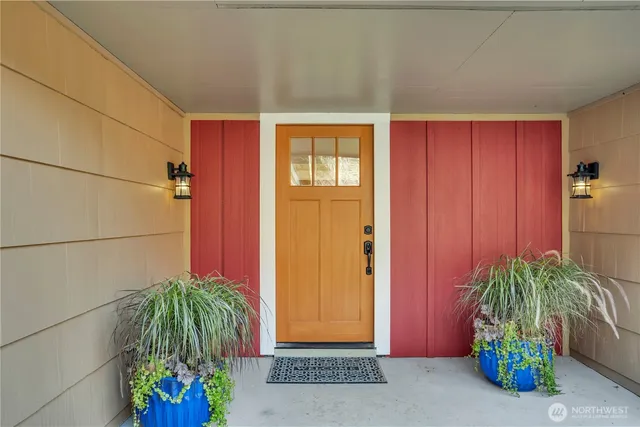 a potted plant sitting in front of a door