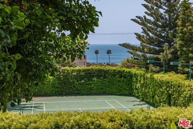 a view of a lake with large trees