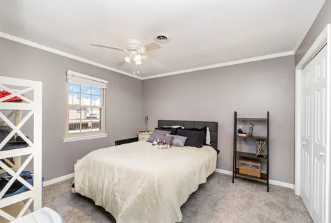 a bedroom with a bed and a window