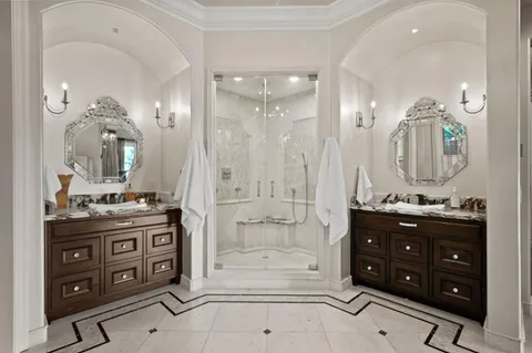 a view of a livingroom with a couch and chandelier