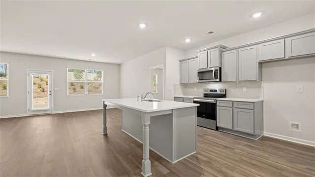 a kitchen with a sink cabinets and wooden floor