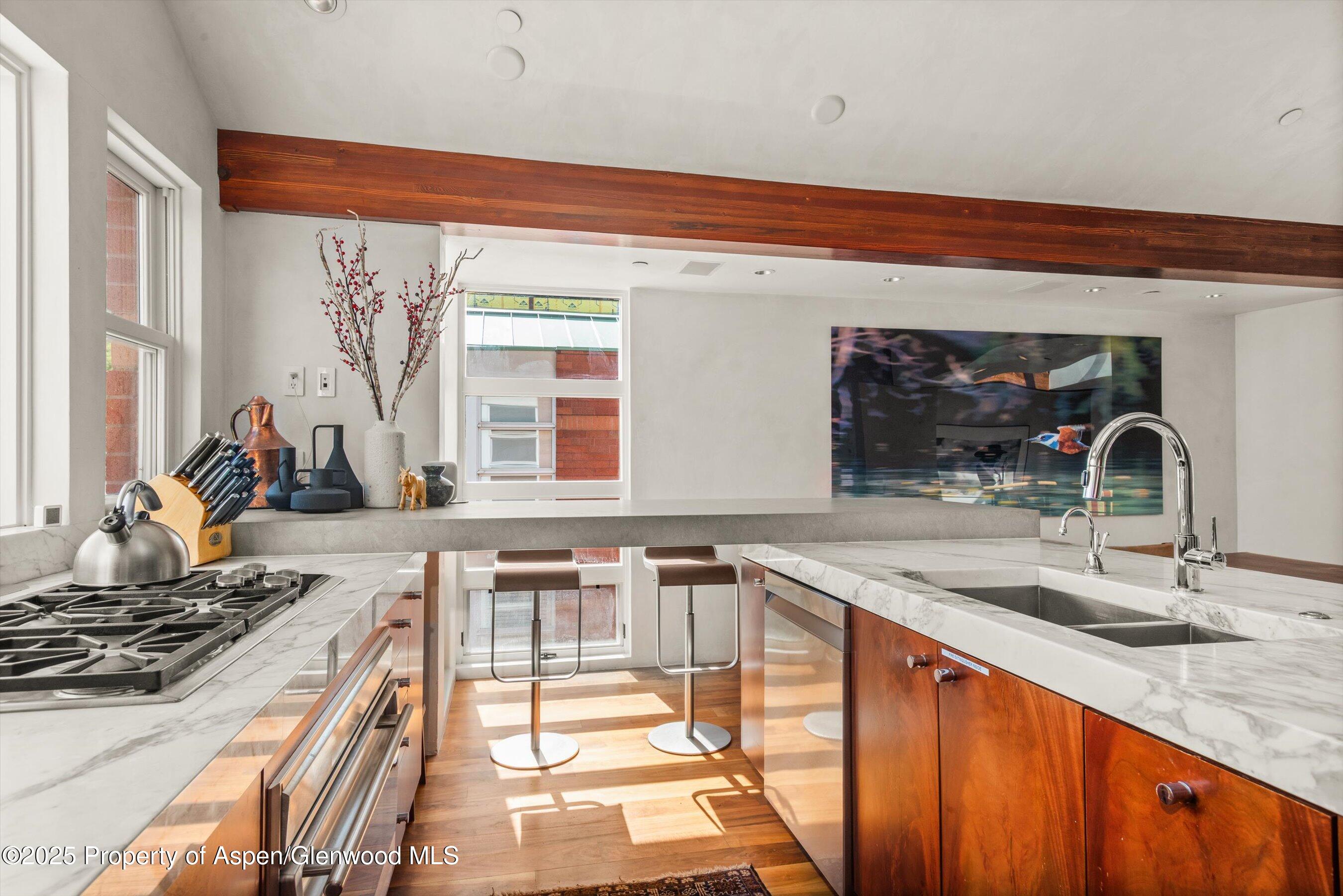 706 East Hyman Avenue, Unit 706 Aspen, CO 81611 - Photo 18 of 46 a kitchen with stainless steel appliances granite countertop a sink and a stove