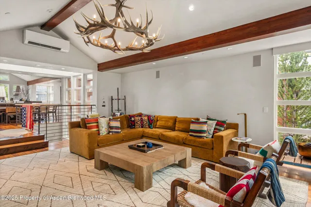 a living room with furniture and a floor to ceiling window