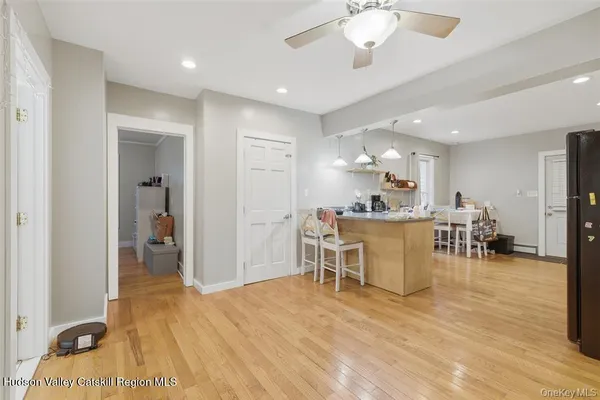 a view of a dining room with furniture