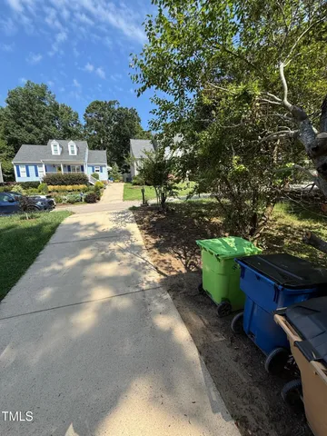a view of a city with flower plants and large trees