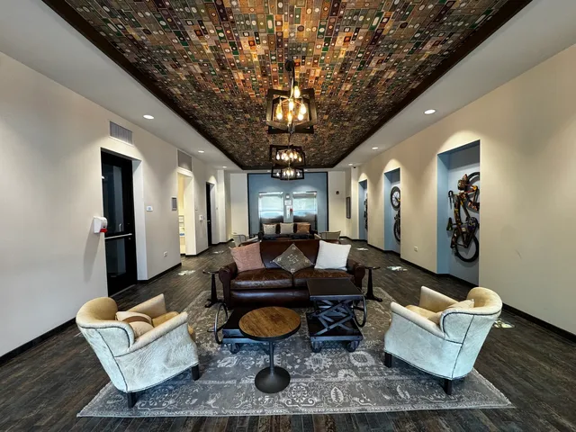 a view of balcony with furniture