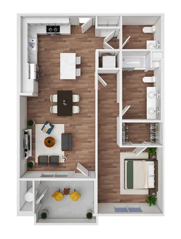 a cabinet with a sink and a table with potted plants