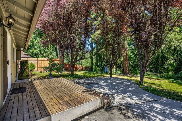 a backyard of a house with large trees and plants