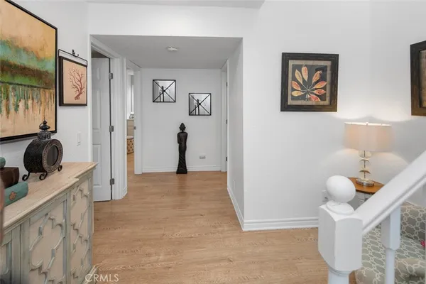 a view of a hallway to a livingroom with furniture and closet