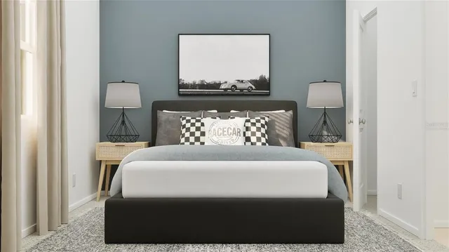 a living room with furniture and a lamp