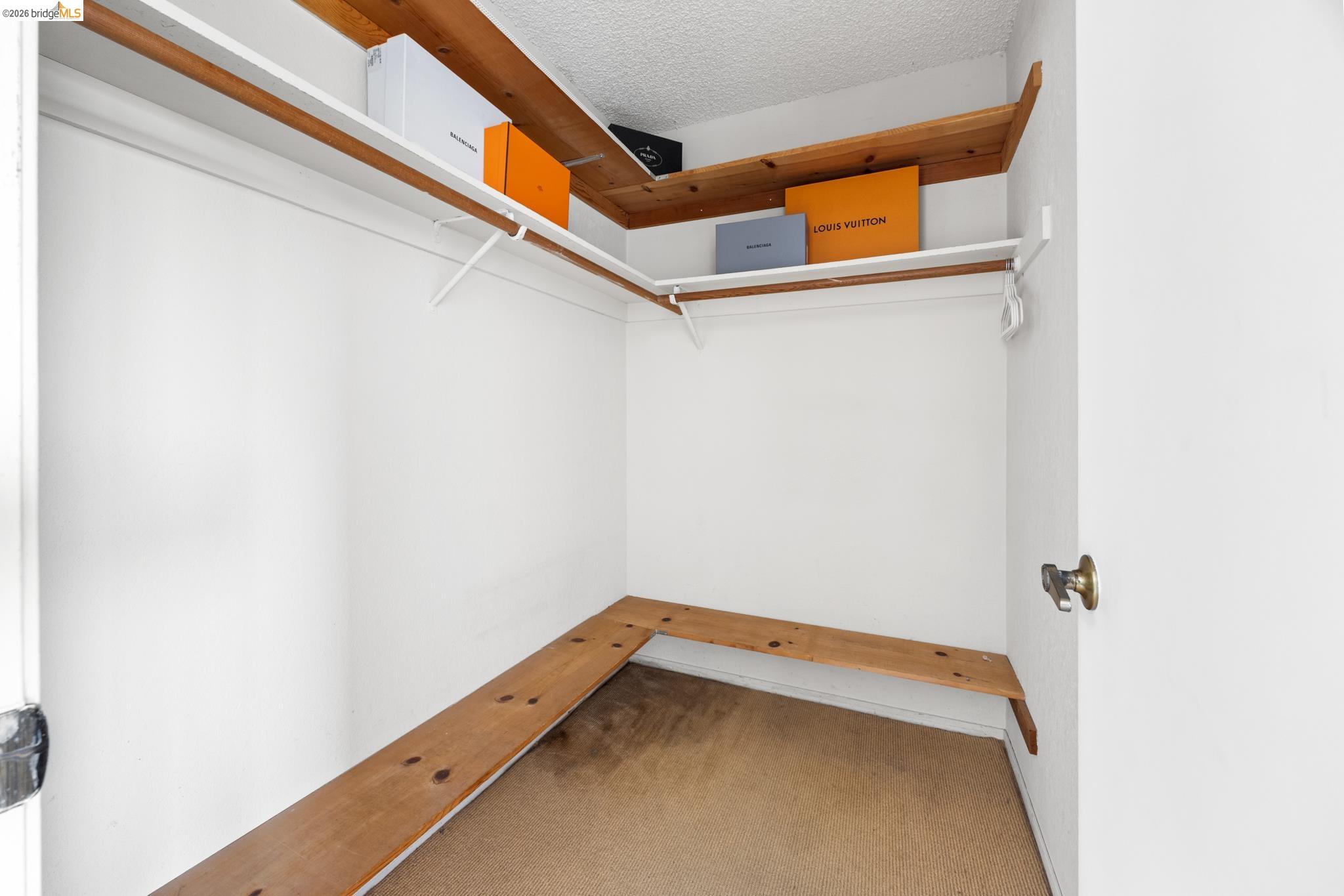 201 Vista Heights Road El Cerrito, CA 94530 - Photo 20 of 32 Walk-in closet featuring white walls, wood-finish shelving, and a carpeted floor