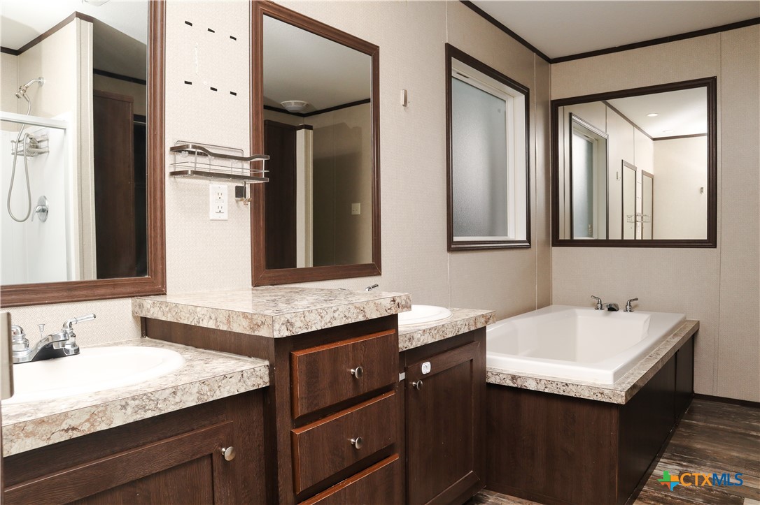 293 Turkey Tree Trail Seguin, TX 78155 - Photo 6 of 9 a bathroom with a granite countertop sink and a mirror