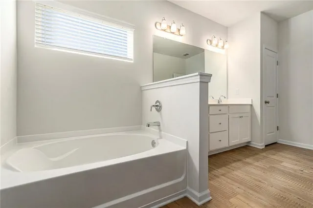 a bathroom with a bathtub and a double vanity sink
