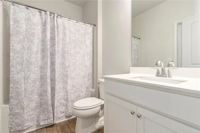 a bathroom with a sink a toilet and shower curtain