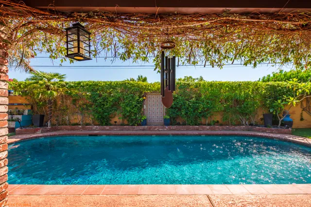 a view of a patio with table and chairs potted plants and large tree
