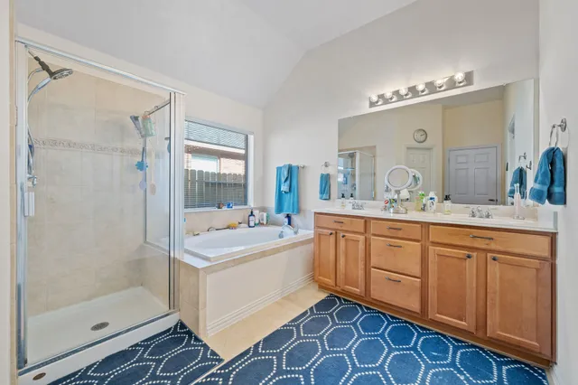 a bathroom with a sink a mirror and a shower