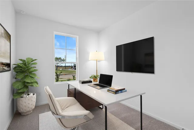 a work room with furniture and a potted plant